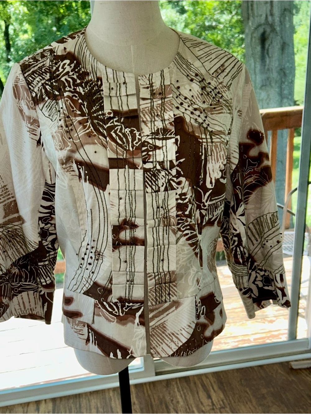 Coldwater Creek Brown & Cream Abstract Print Blazer Size Petite 10